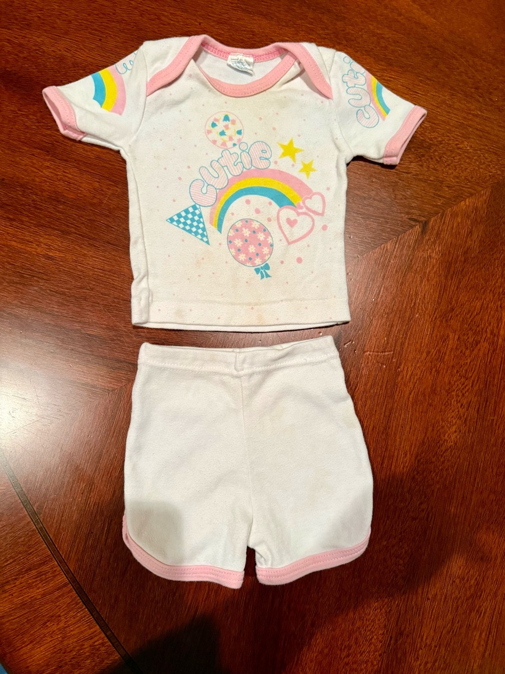 Vintage 1990s Girls Pink Trim White Pajama Set with Rainbow Cutie Print
